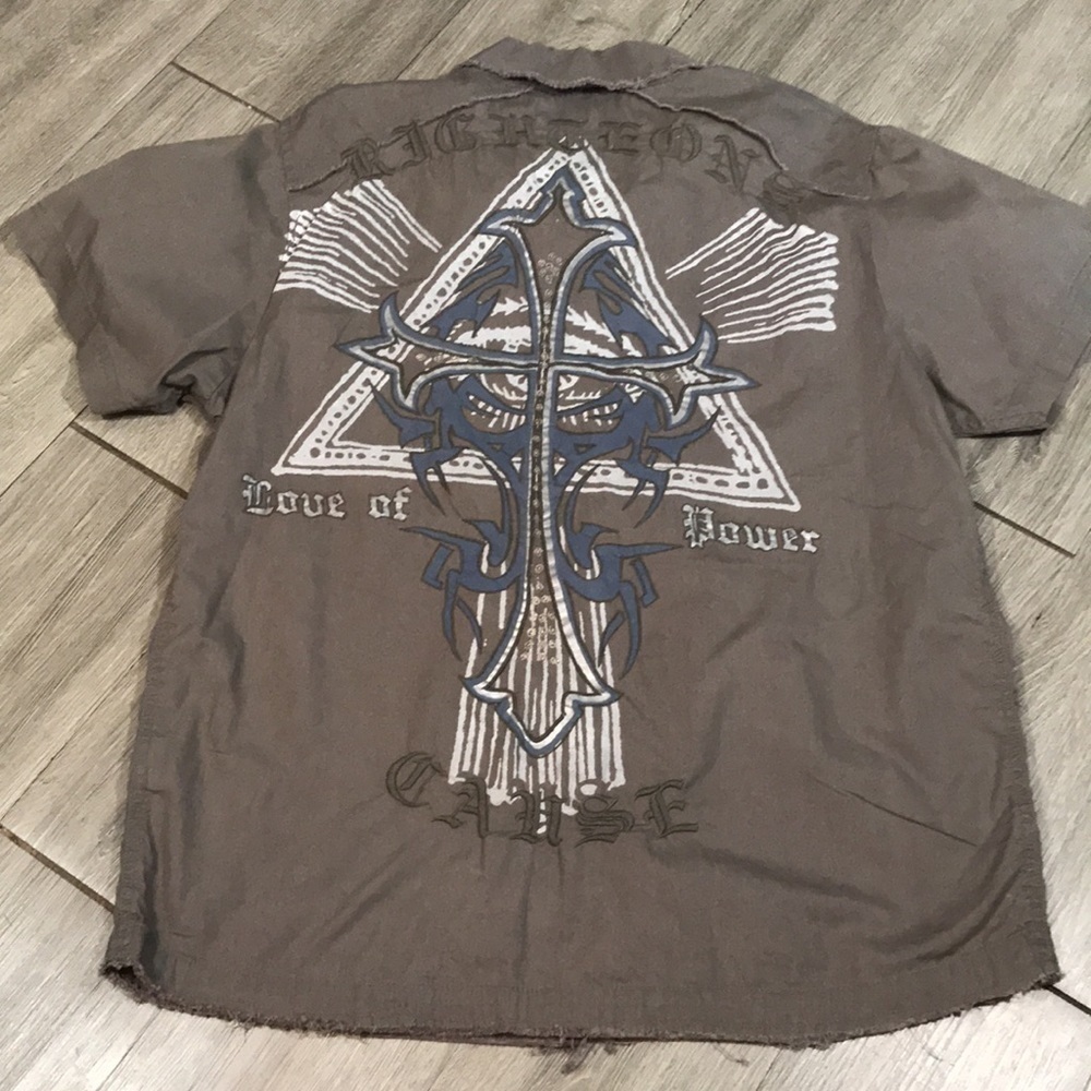 Division “Righteous Cause” Embroidered Brown Short Sleeve Button Up Shirt